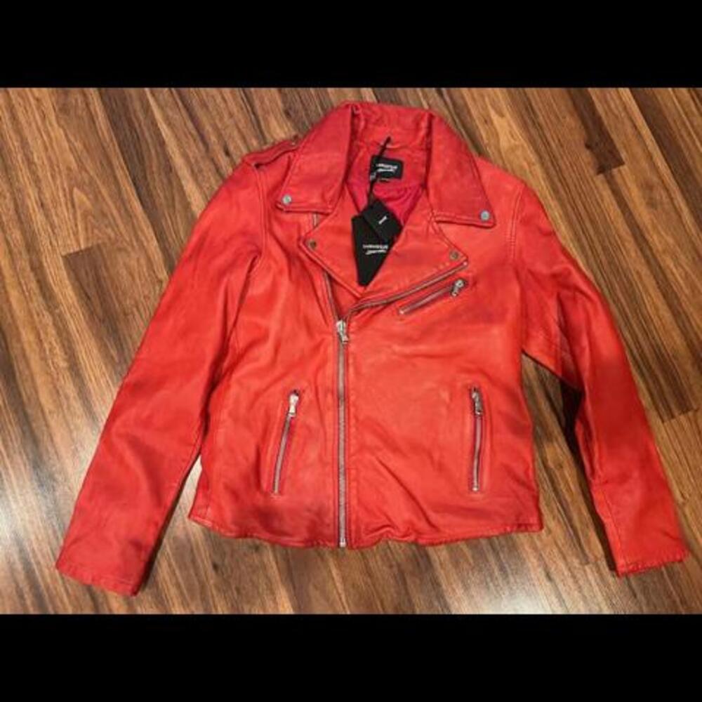 NWT New LAMARQUE  Washed Asym Moto Red Leather Jacket L